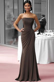 Coffee Strapless Sheath Ruched Floor Length Red Carpet Dress