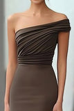Coffee One Shoulder Ruched Floor Length Red Carpet Dress