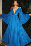 Blue V Neck Chiffon Flutter Sleeves A Line Pleated Red Carpet Dress