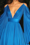 Blue V Neck Chiffon Flutter Sleeves A Line Pleated Red Carpet Dress