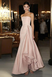 Pink Strapless Satin Sheath Red Carpet Dress with Ruffles