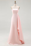 Pink Strapless Sheath Satin Red Carpet Dress with Ruffles