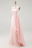 Pink Strapless Sheath Satin Red Carpet Dress with Ruffles