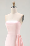 Pink Strapless Sheath Satin Red Carpet Dress with Ruffles