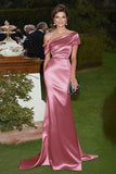 Pink One Shoulder Satin Sheath Red Carpet Dress