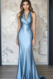 Grey Blue Halter Stretch Satin Sheath Red Carpet Dress