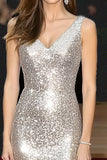 Sparkly Silver V Neck Sequins Sheath Floor Length Red Carpet Dress