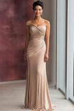 Light Khaki One Shoulder Sheath Ruched Red Carpet Dress