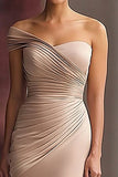 Light Khaki One Shoulder Sheath Ruched Red Carpet Dress