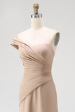 Maxi Light Khaki Sheath One Shoulder Ruched Red Carpet Dress