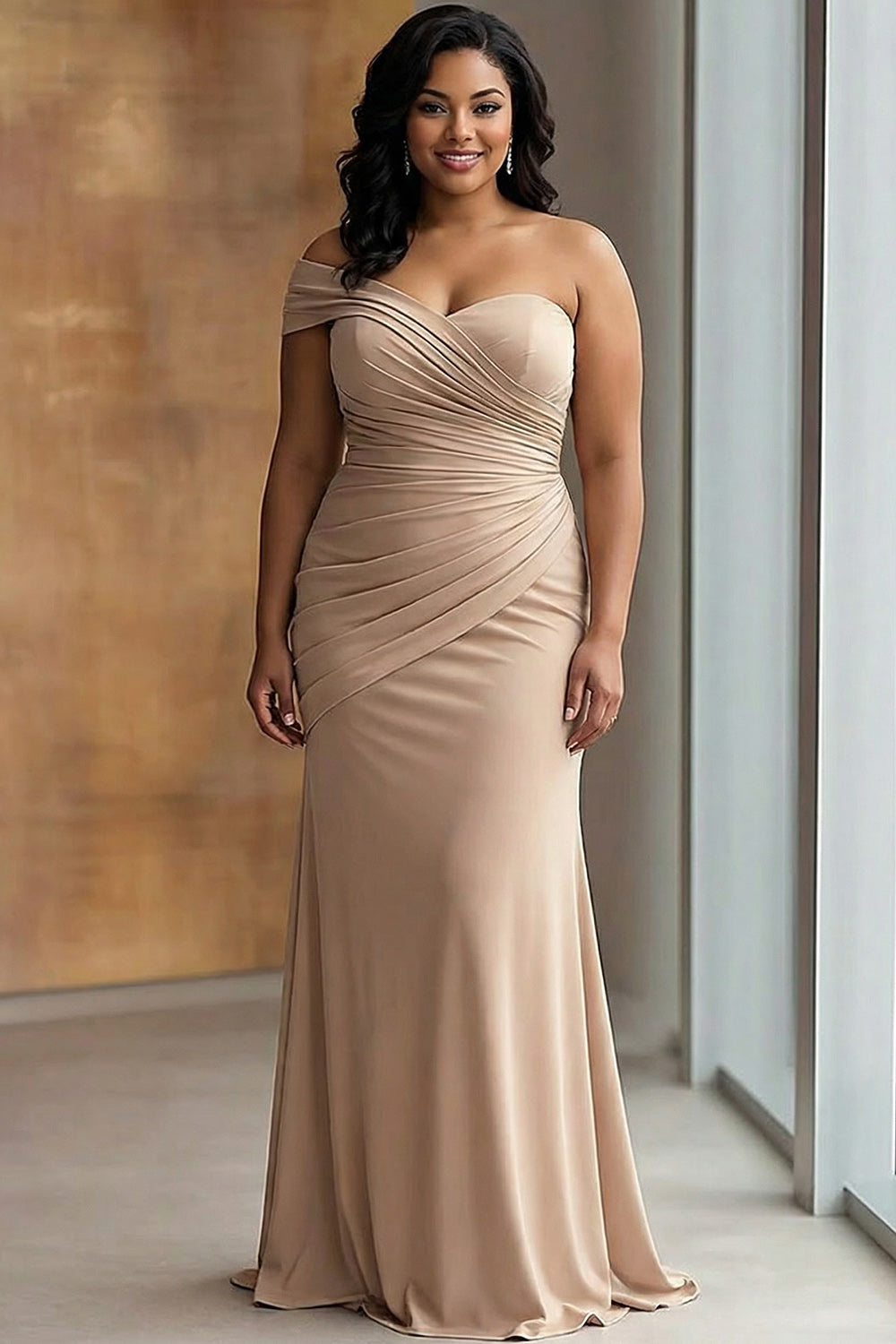 Leely Women Light Khaki Plus Size One Shoulder Sheath Red Carpet Dress Ruched Floor Length Formal Dress leelyuk Leely Women Light Khaki Plus Size One Shoulder Sheath Red Carpet Dress Ruched Floor Length Formal Dress leelyuk