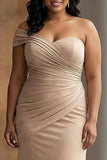 Maxi Light Khaki Sheath Plus Size One Shoulder Ruched Red Carpet Dress