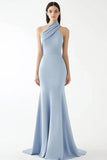 Light Blue Crepe Halter Sheath Floor Length Red Carpet Dress