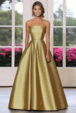 Gold Metallic Satin Strapless A Line Floor Length Red Carpet Dress