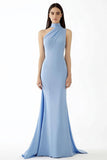 Halter Sheath Light Blue Crepe Floor Length Red Carpet Dress