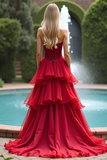 Red Corset Sweetheart A Line Tiered Long Prom Dress with Ruffles