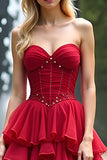 Red Corset Sweetheart A Line Tiered Long Prom Dress with Ruffles