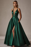 Dark Green V-Neck A Line Long Satin Long Prom Dress with Slit