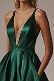 Dark Green V-Neck A Line Long Satin Long Prom Dress with Slit
