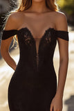 Elegant Black Off the Shoulder Mermaid Long Lace Prom Dress