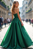 Dark Green Sweetheart Corset A Line Long Satin Prom Dress