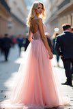 Pink Spaghetti Straps Sparkly A Line Long Corset Prom Dress with Slit