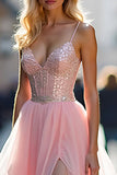 Pink Spaghetti Straps Sparkly A Line Long Corset Prom Dress with Slit