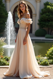Champagne Off The Shoulder Chiffon Bridesmaid Dress with Ruffle
