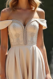 Champagne Off the Shoulder A Line Long Beaded Bridesmaid Dress