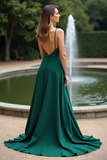 Glitter Dark Green A Line V-Neck Long Bridesmaid Dress with Beading