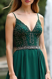 Glitter Dark Green A Line V-Neck Long Bridesmaid Dress with Beading
