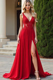 Red Chiffon A Line V Neck Lace Appliqued Bridesmaid Dress with Slit