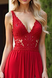 Red Chiffon A Line V Neck Lace Appliqued Bridesmaid Dress with Slit