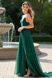 Dark Green V Neck A Line Pleated Maxi Bridesmaid Dress with Slit