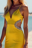 Yellow V-Neck Cut Out Sheath Satin Bridesmaid Dress with Slit