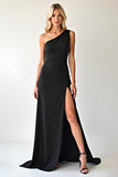 Simple Black One Shoulder Sheath Long Black Tie Dress with Slit