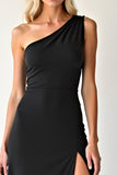 Simple Black One Shoulder Sheath Long Black Tie Dress with Slit