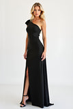 One Shoulder Black Sheath Ruffled Long Black Tie Dress with Slit
