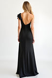 One Shoulder Black Sheath Ruffled Long Black Tie Dress with Slit