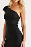 One Shoulder Black Sheath Ruffled Long Black Tie Dress with Slit
