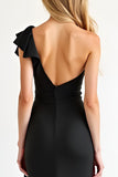 One Shoulder Black Sheath Ruffled Long Black Tie Dress with Slit