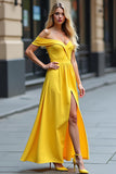 A Line Yellow Off the Shoulder Long Prom Dress with Slit