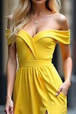 A Line Yellow Off the Shoulder Long Prom Dress with Slit