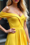 A Line Yellow Off the Shoulder Long Prom Dress with Slit