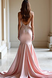Spaghetti Straps Appliqued Pink Mermaid Satin Long Prom Dress