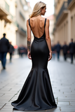 Mermaid Black Spaghetti Straps Backless Long Prom Dress
