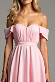 Pink Off the Shoulder Corset A Line Long Bridesmaid Dress