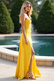 Yellow Sweetheart Sheath Floor Length Bridesmaid Dress with Slit