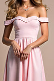 A Line Pink Off the Shoulder Sweetheart Long Bridesmaid Dress