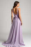 A Line Lilac V Neck Floor Length Bridesmaid Dress with Bow